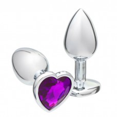 Анальная пробка, серебряная, с фиолетовым кристаллом в форме сердца, D = 28 мм