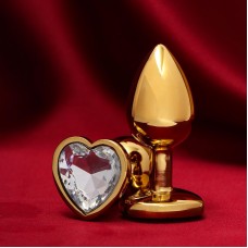 Анальная пробка, золотая, кристалл прозрачный, в форме сердца, D = 28 мм