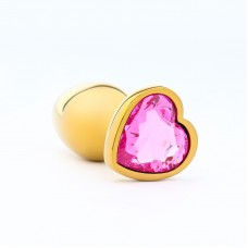 Анальная пробка, золотая, кристалл розовый, в форме сердца, D = 28 мм